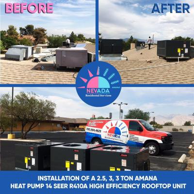 Rooftop AC Installation of a 2.5, 3 and another 3 Ton Amana Heat Pumps, 14 SEER, R410A